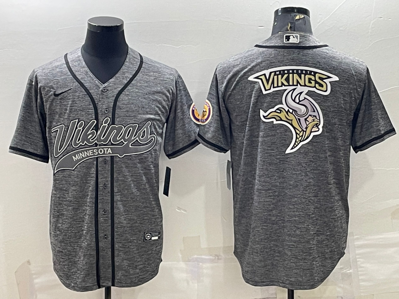 Men's Grey Minnesota Vikings Team Big Logo With Patch Cool Base Stitched Baseball Jersey
